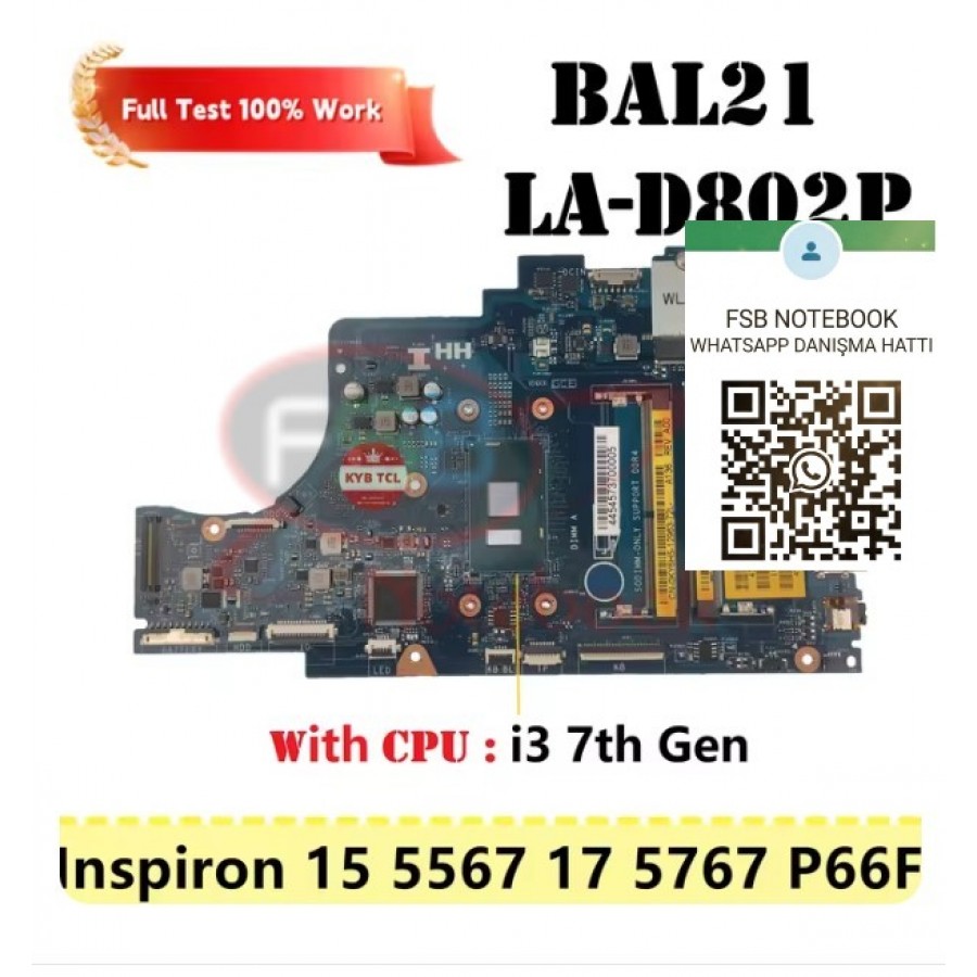 DELL Inspiron 15  BAL21 LA-D802P 5567 17 5767 f Laptop anakart 81YW5 41P46 DG5G3  i3-7100U CPU