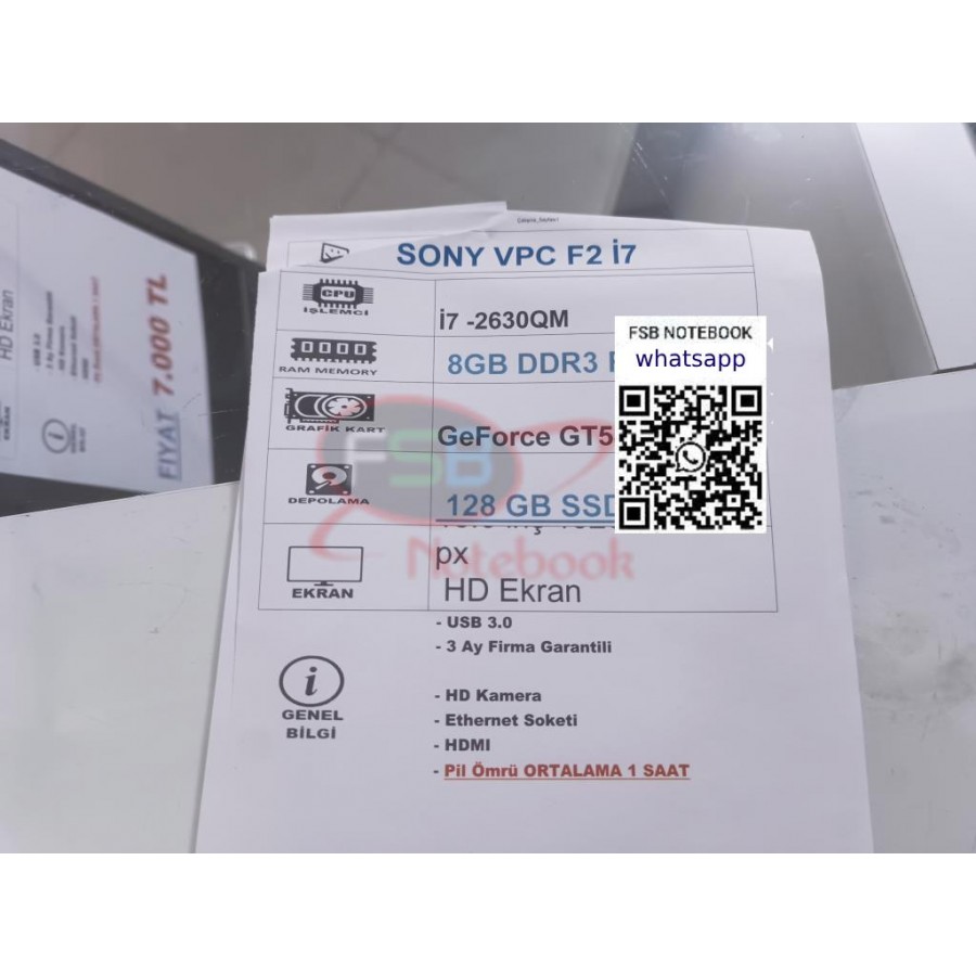 SONY VPCF2 İ7 İŞLEMCİLİ SSDLİ LAPTOP